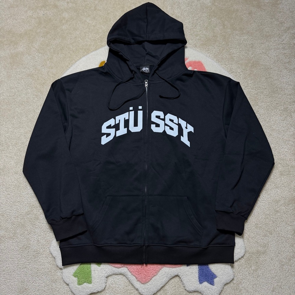 Stussy Arch Logo Zip Up Hoodie Black Mens Streetwear Sweatshirt Size Medium